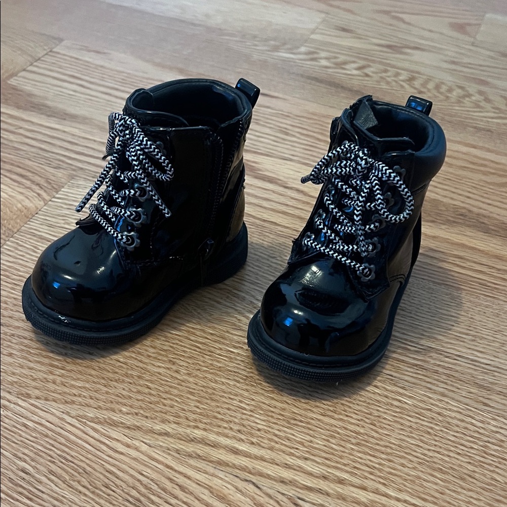 Wonder Nation Shiny Black Kids Boots with Patterned Laces